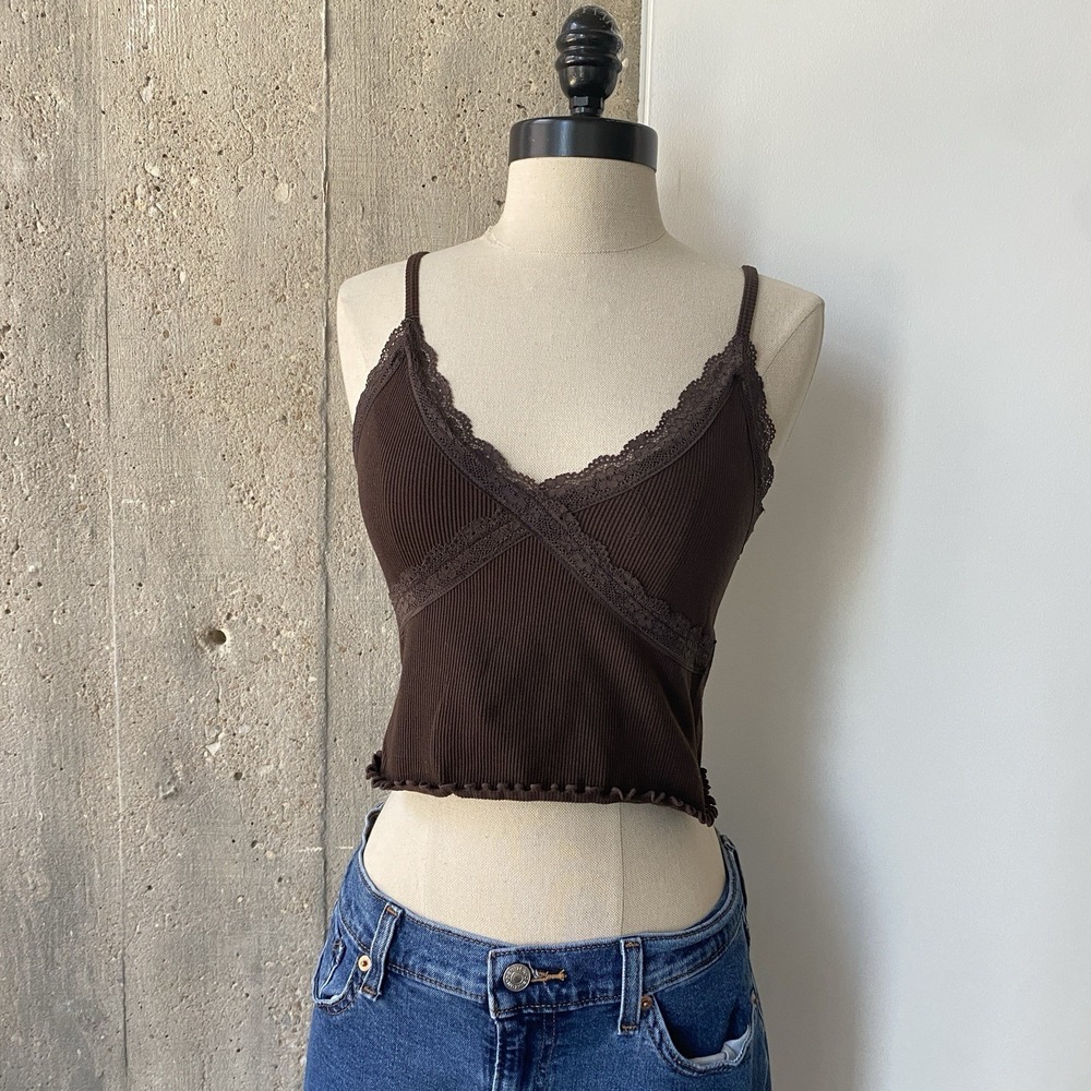 PacSun‎ Brown Lace Trim Contour Strappy Tank Top Y2K Ruffle Detail Medium 1439